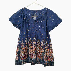 St John's Bay Short Sleeve Peasant Blouse, Size S, Navy Blue Floral Cotton